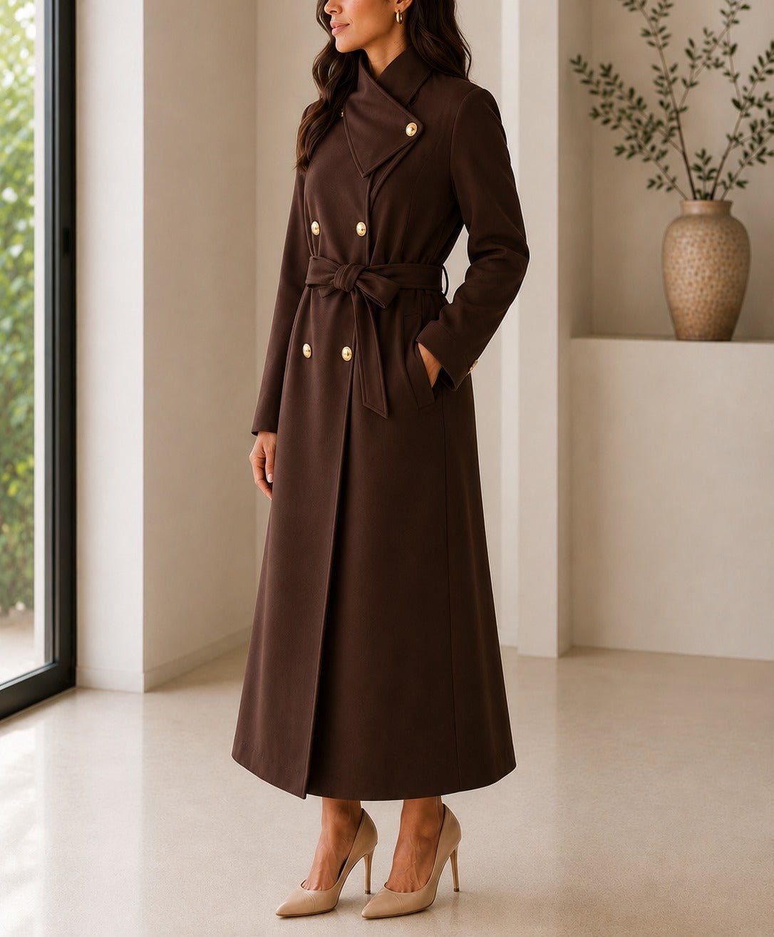 Ladies Brown Side Collar Double Breasted Melton Coat - StylePhase SA