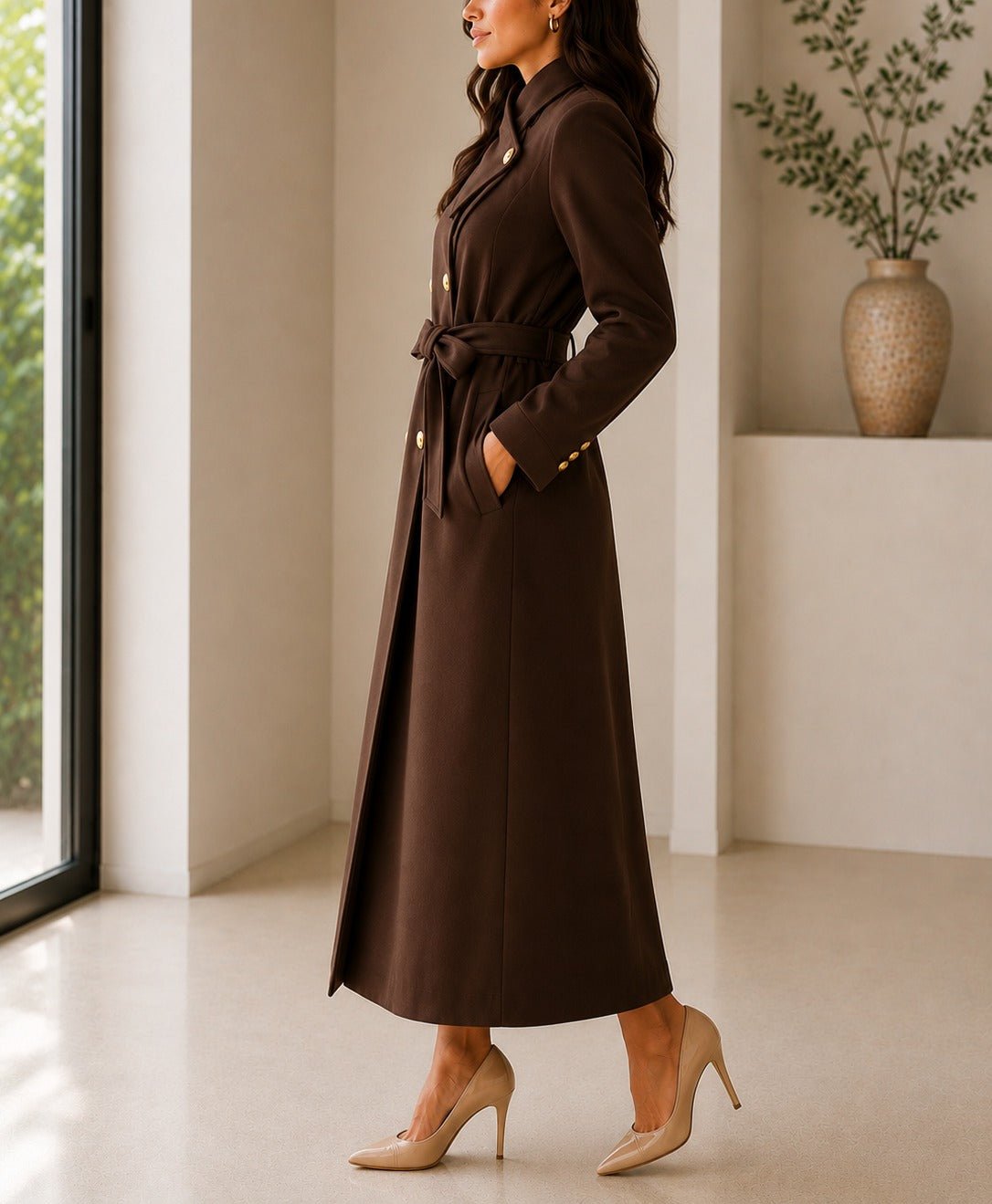 Ladies Brown Side Collar Double Breasted Melton Coat - StylePhase SA