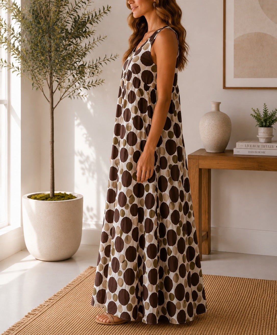Ladies Brown Sleeveless Polka Dot Maxi Dress - StylePhase SA