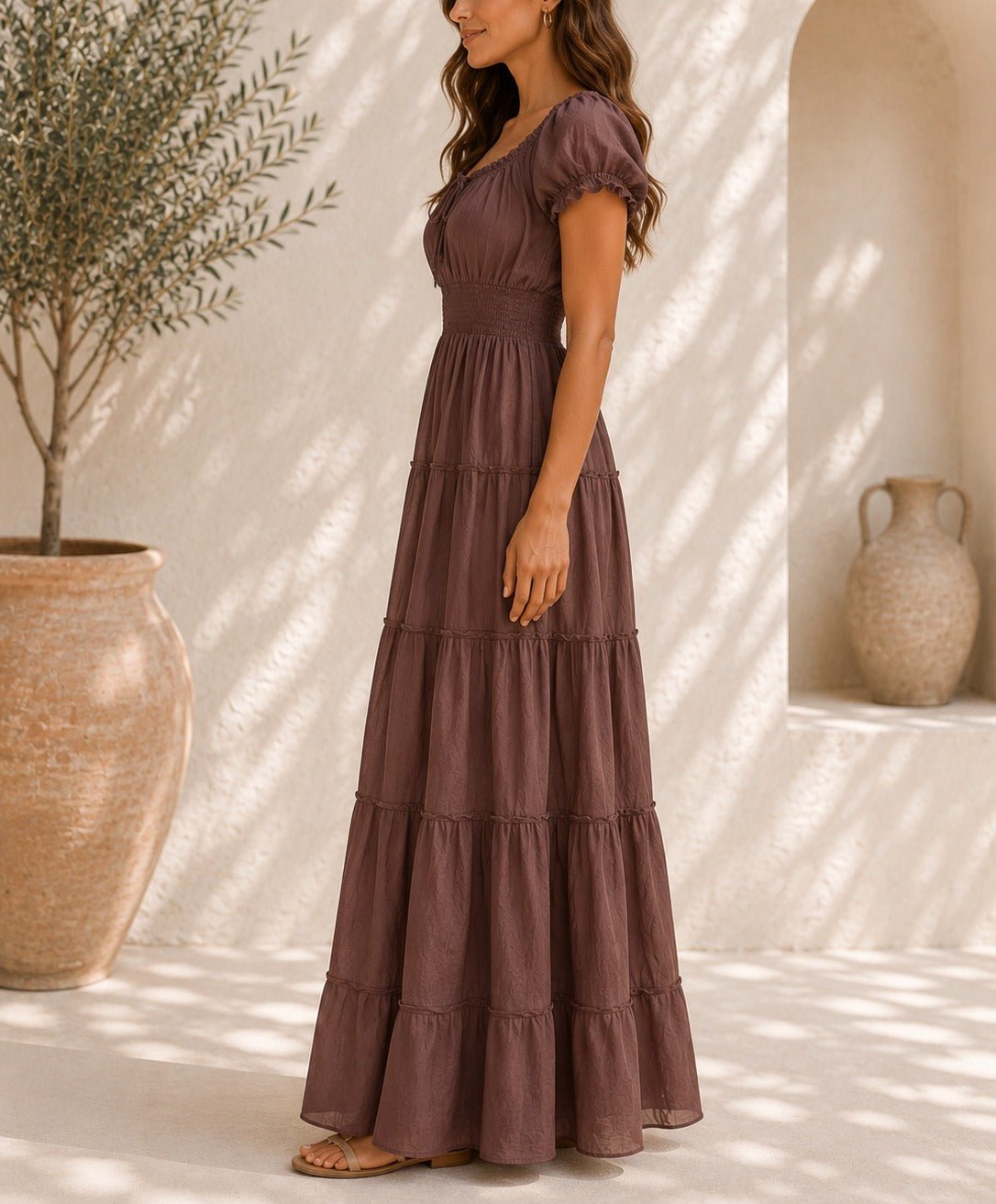 Ladies Brown Tie Front Tier Dress - StylePhase SA