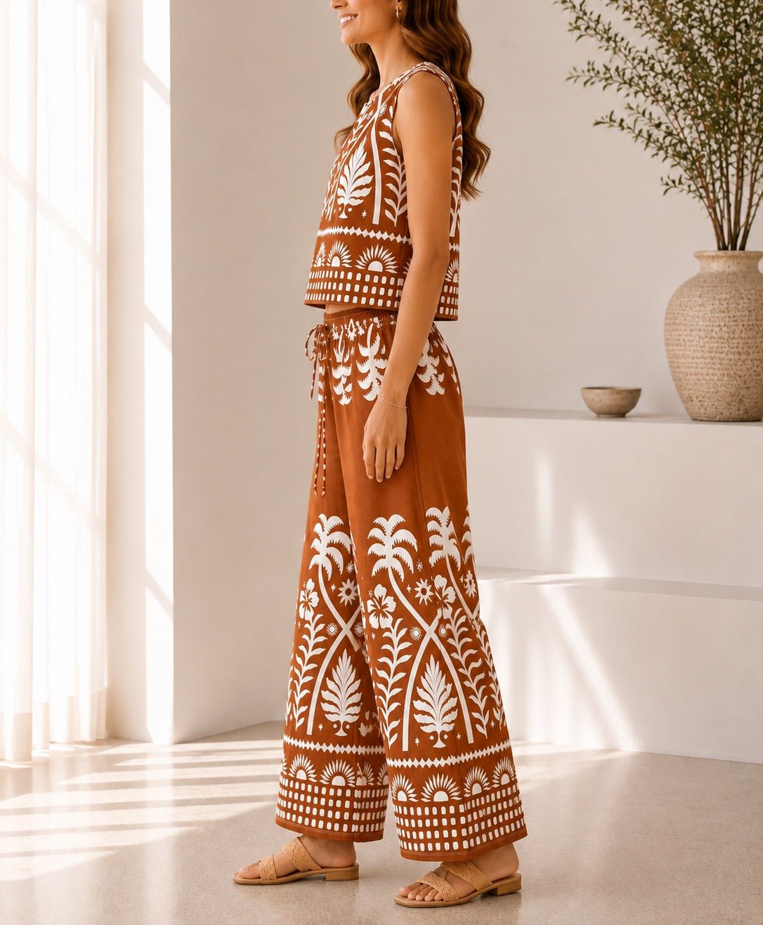 Ladies Brown Tropical Print Wide Leg Two Piece - StylePhase SA