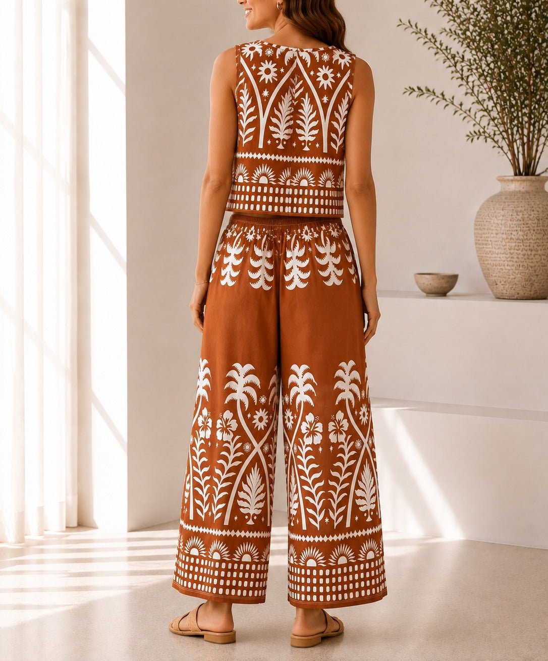 Ladies Brown Tropical Print Wide Leg Two Piece - StylePhase SA