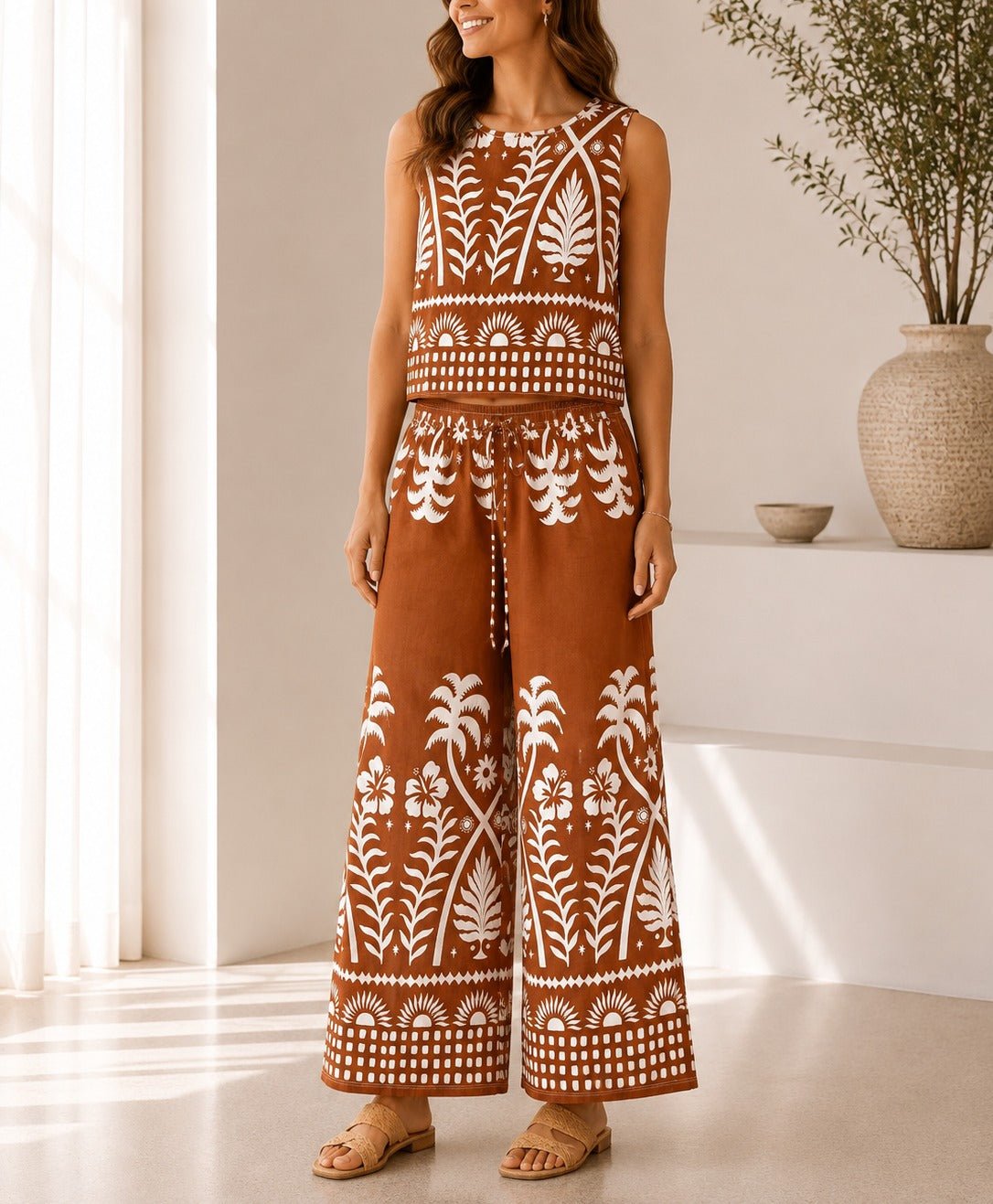 Ladies Brown Tropical Print Wide Leg Two Piece - StylePhase SA