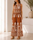 Ladies Brown Tropical Print Wide Leg Two Piece - StylePhase SA