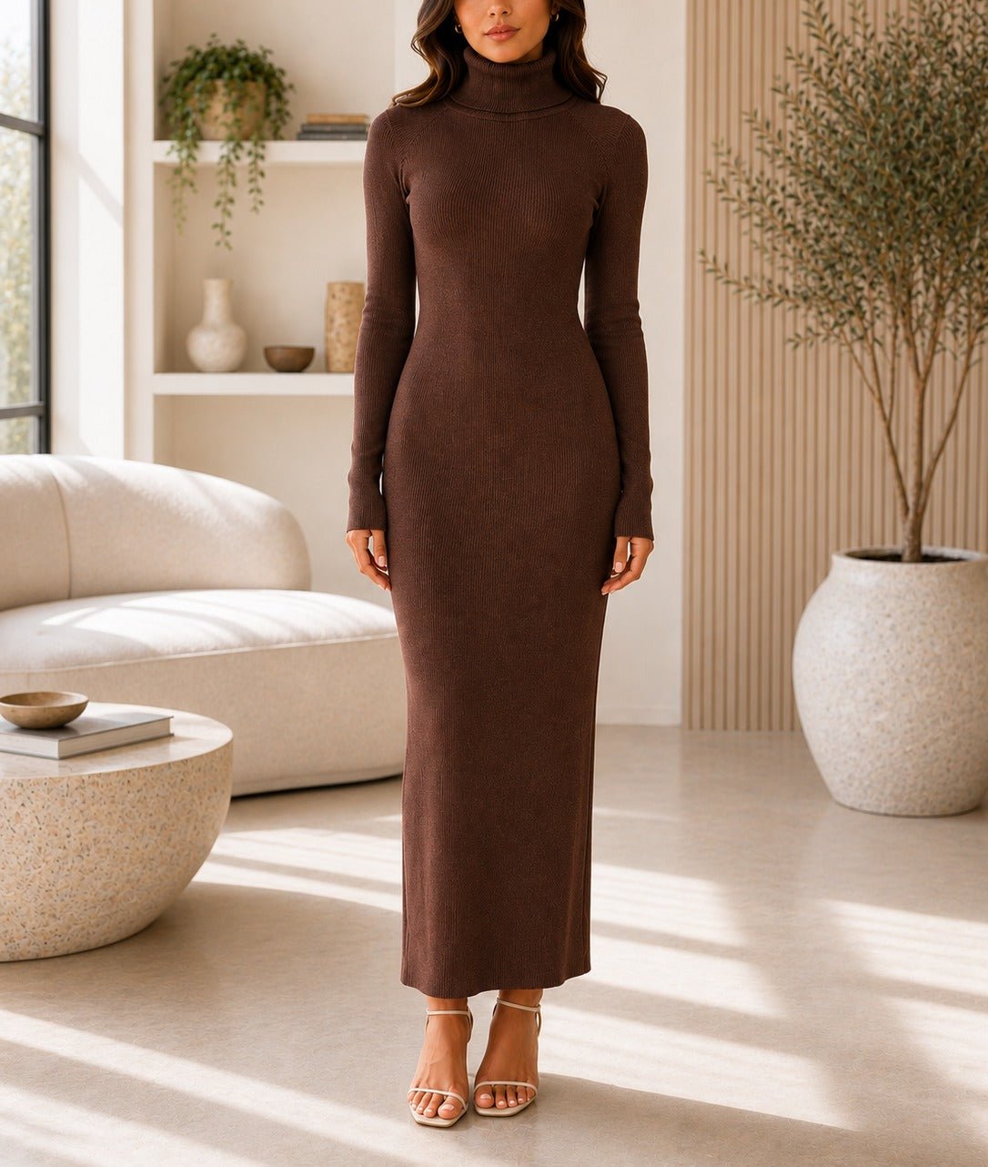 Ladies Brown Turtleneck Maxi Dress