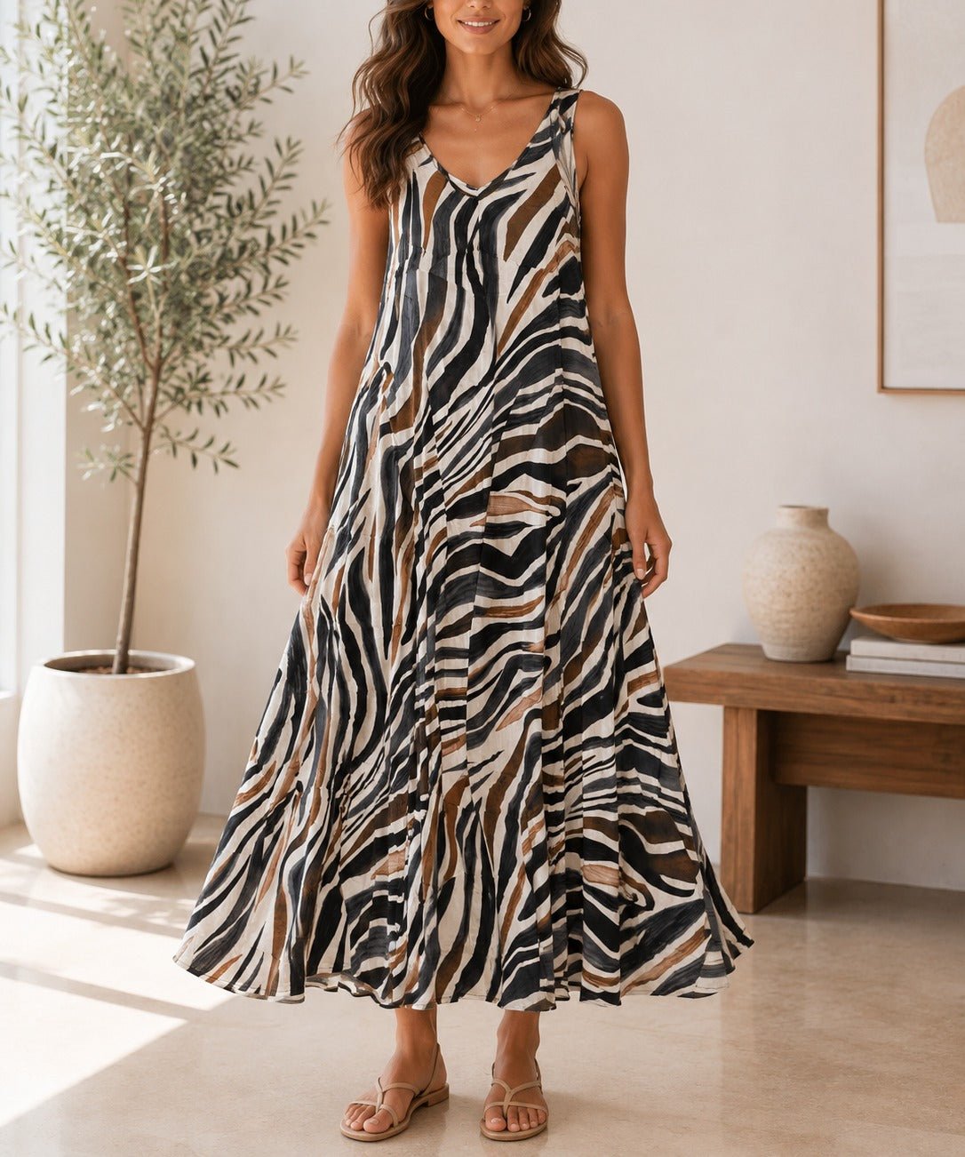 Ladies Brown V Neck Maxi Dress - StylePhase SA