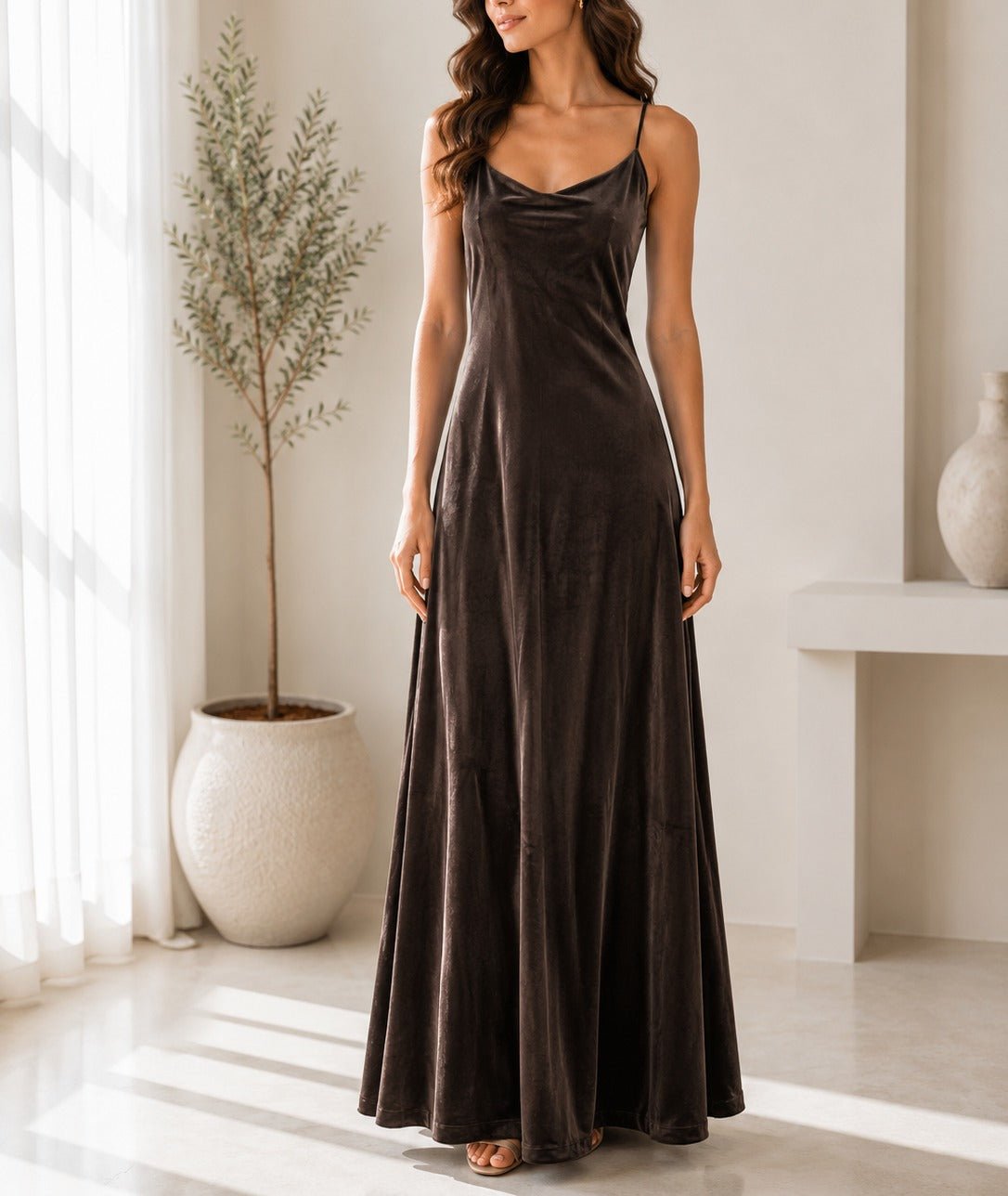 Ladies Brown Velour Strappy Maxi Dress - StylePhase SA