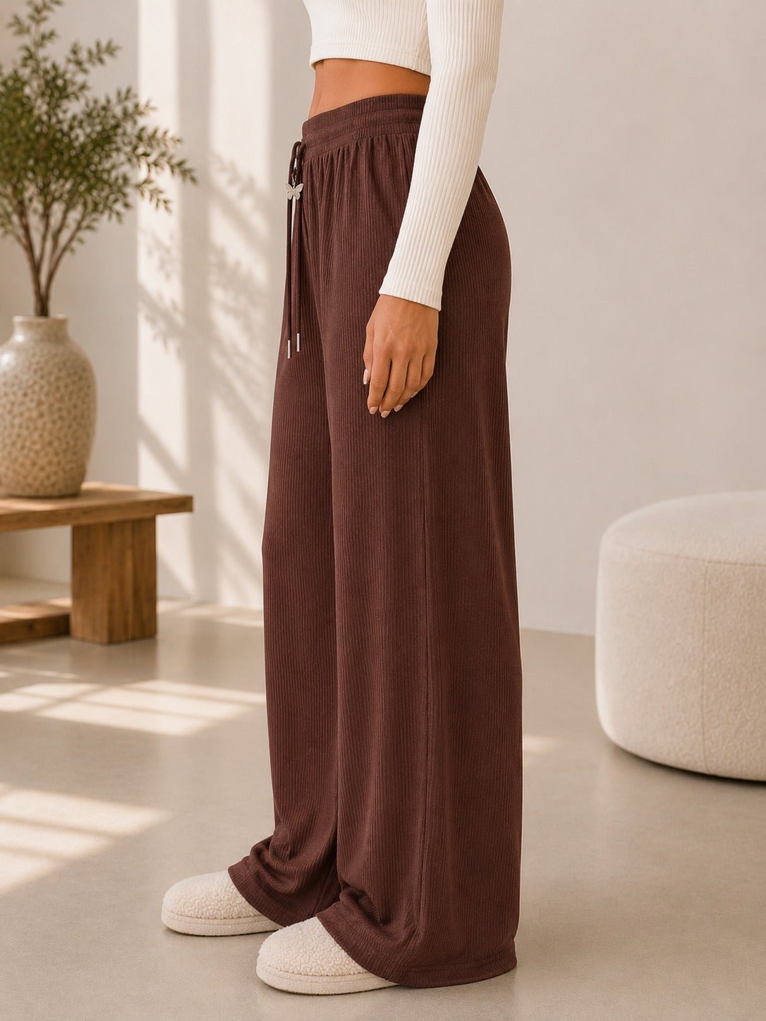 Ladies Brown Wide Leg Drawstring Knit Pants - StylePhase SA
