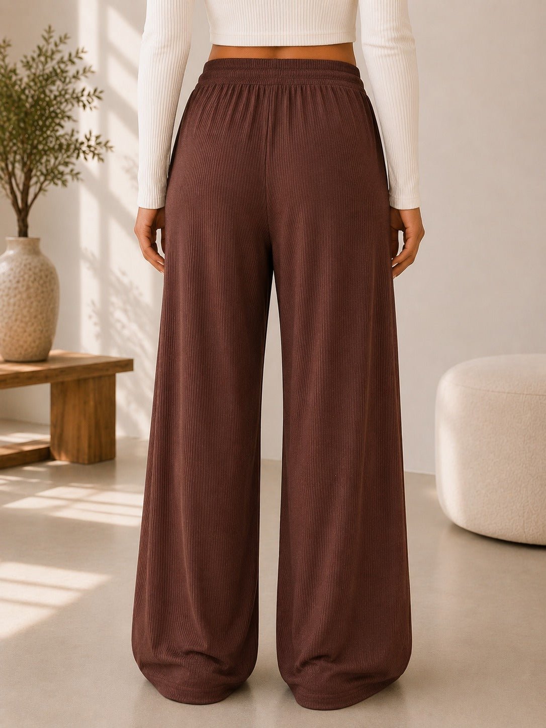 Ladies Brown Wide Leg Drawstring Knit Pants - StylePhase SA