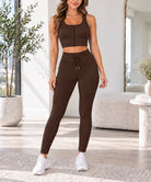 Ladies Brown Zip Top And Drawstring Leggings Active Wear Set - StylePhase SA