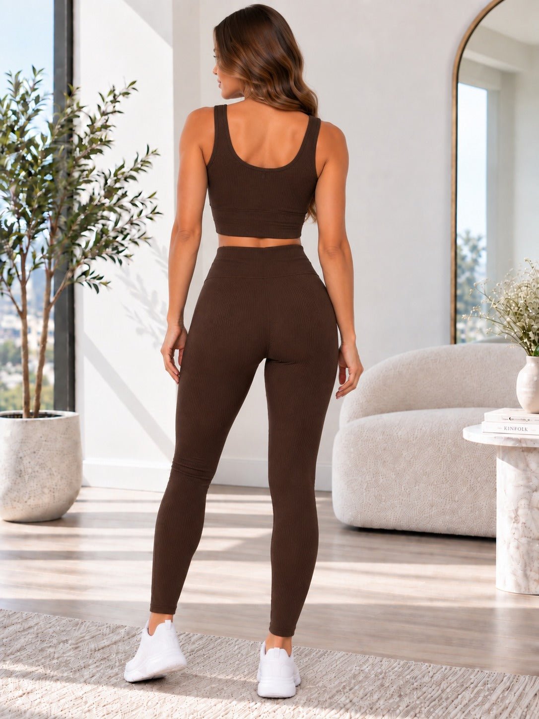 Ladies Brown Zip Top And Drawstring Leggings Active Wear Set - StylePhase SA