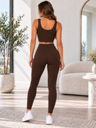 Ladies Brown Zip Top And Drawstring Leggings Active Wear Set - StylePhase SA
