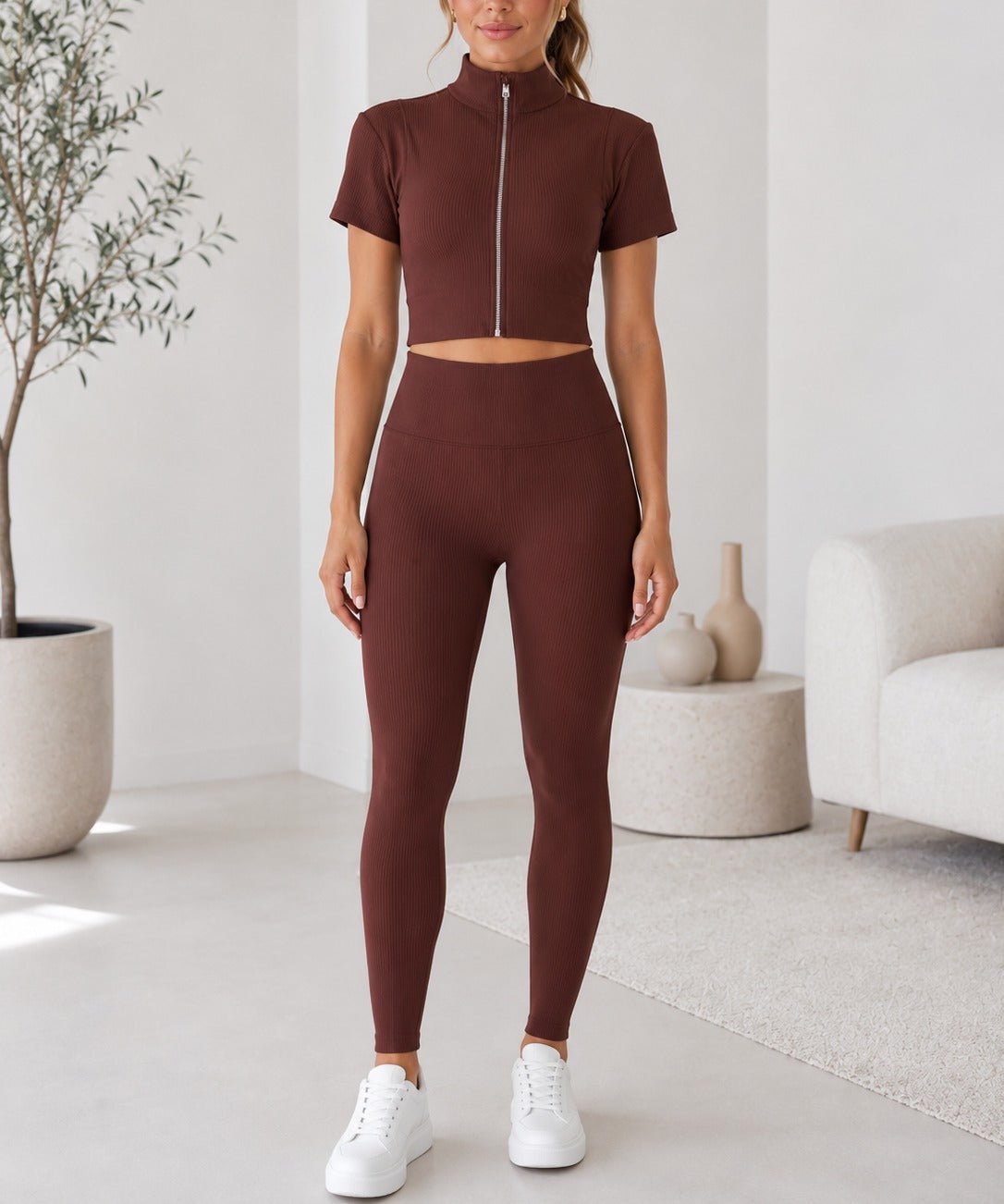 Ladies Brown Zip Up Two-Piece Activewear Set - StylePhase SA