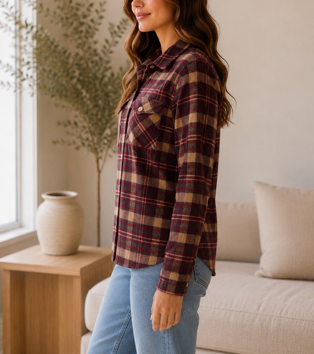 Ladies Burgundy Camel Plaid Flannel Shirt - StylePhase SA