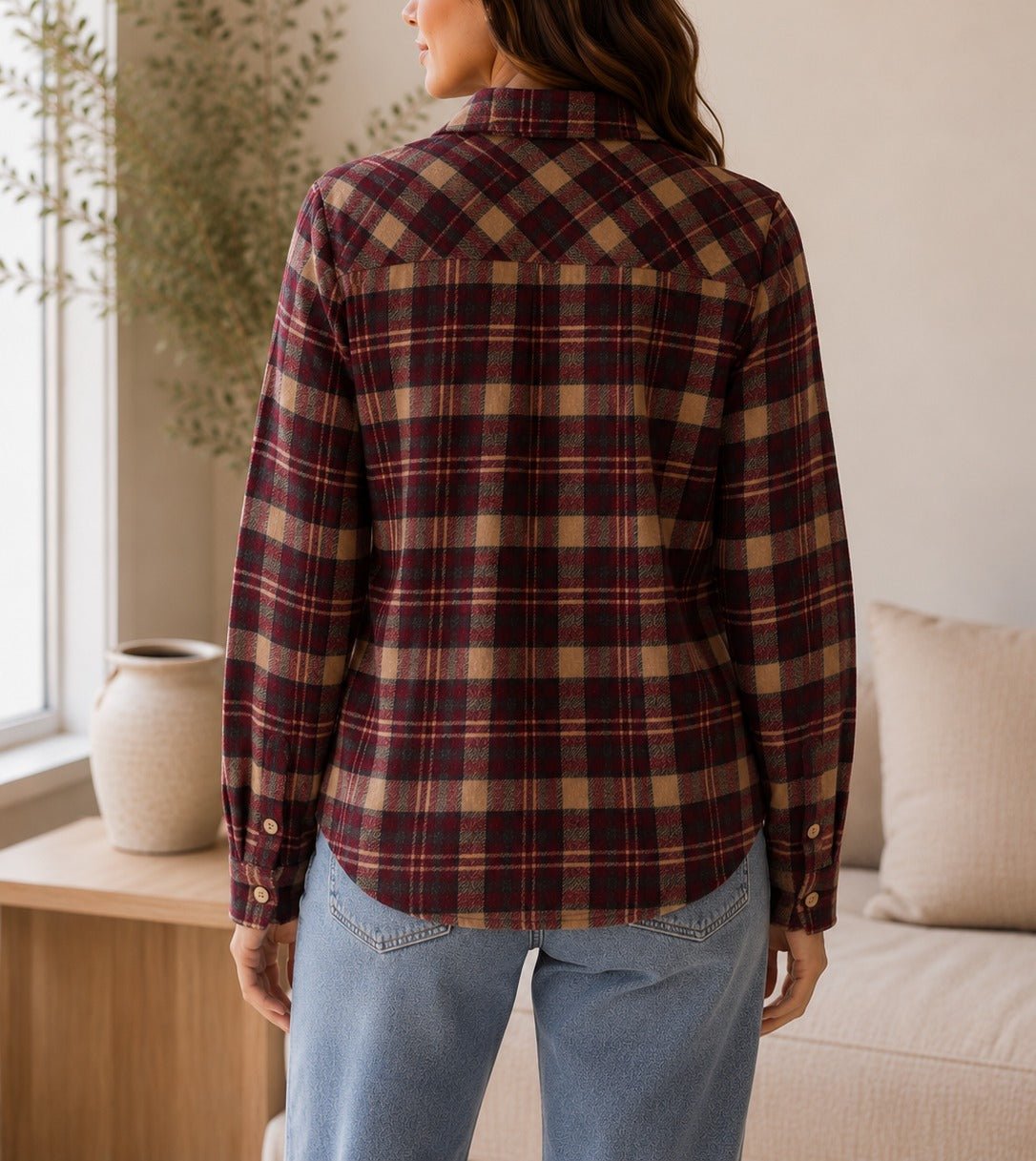 Ladies Burgundy Camel Plaid Flannel Shirt - StylePhase SA