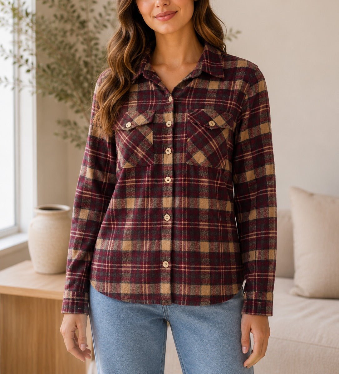 Ladies Burgundy Camel Plaid Flannel Shirt - StylePhase SA
