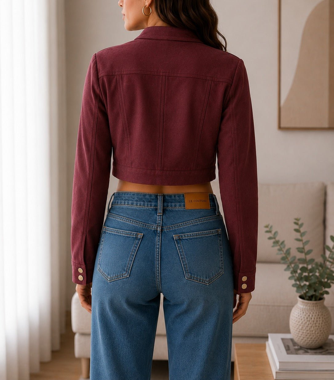 Ladies Burgundy Faux Suede Cropped Jacket - StylePhase SA