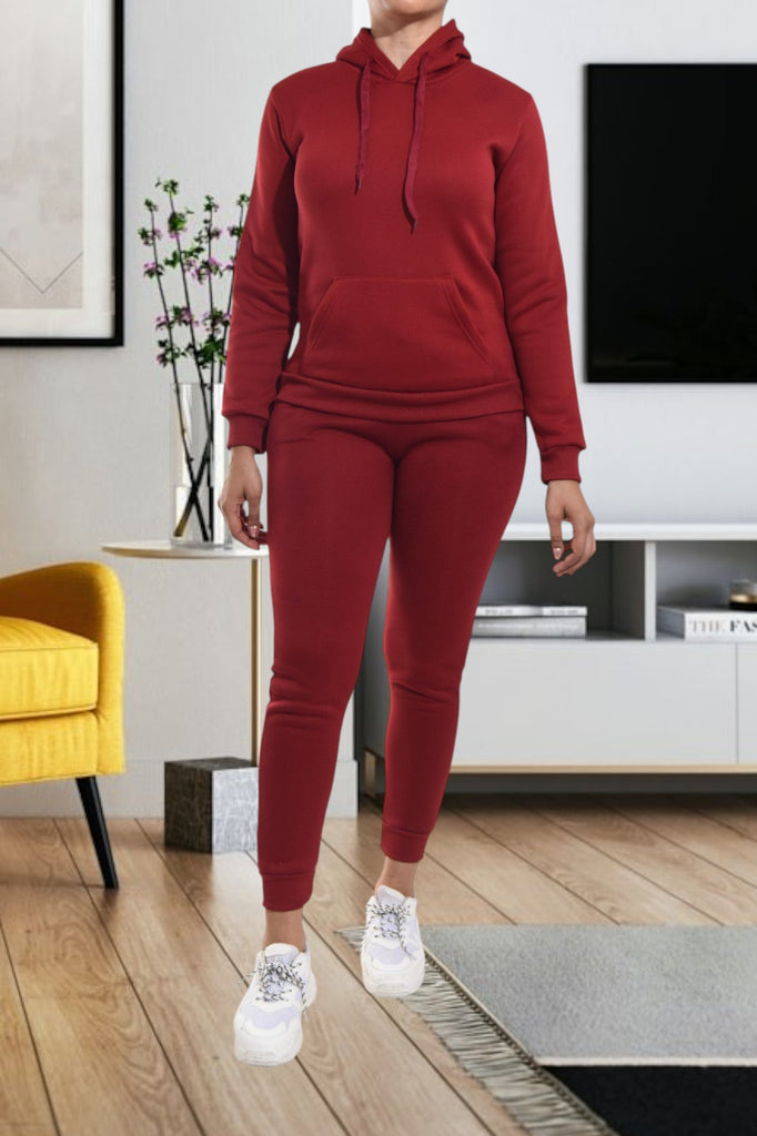 Ladies Burgundy Fleece Skinny Tracksuit Set - StylePhase SA