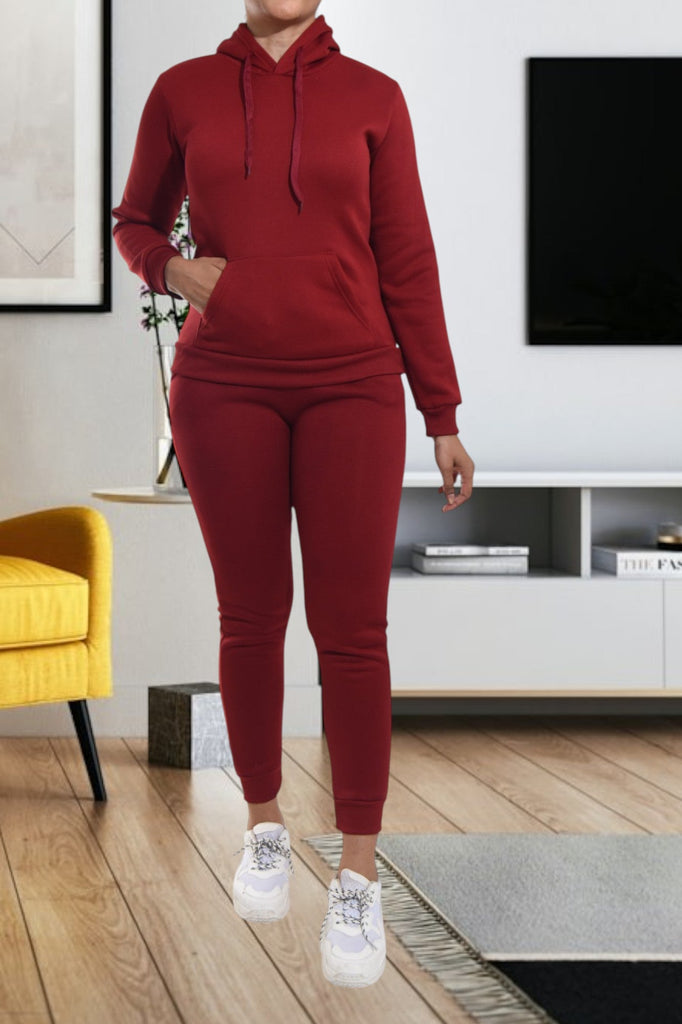 Ladies Burgundy Fleece Skinny Tracksuit Set - StylePhase SA