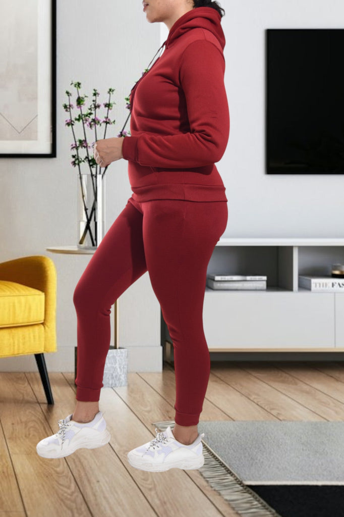 Ladies Burgundy Fleece Skinny Tracksuit Set - StylePhase SA