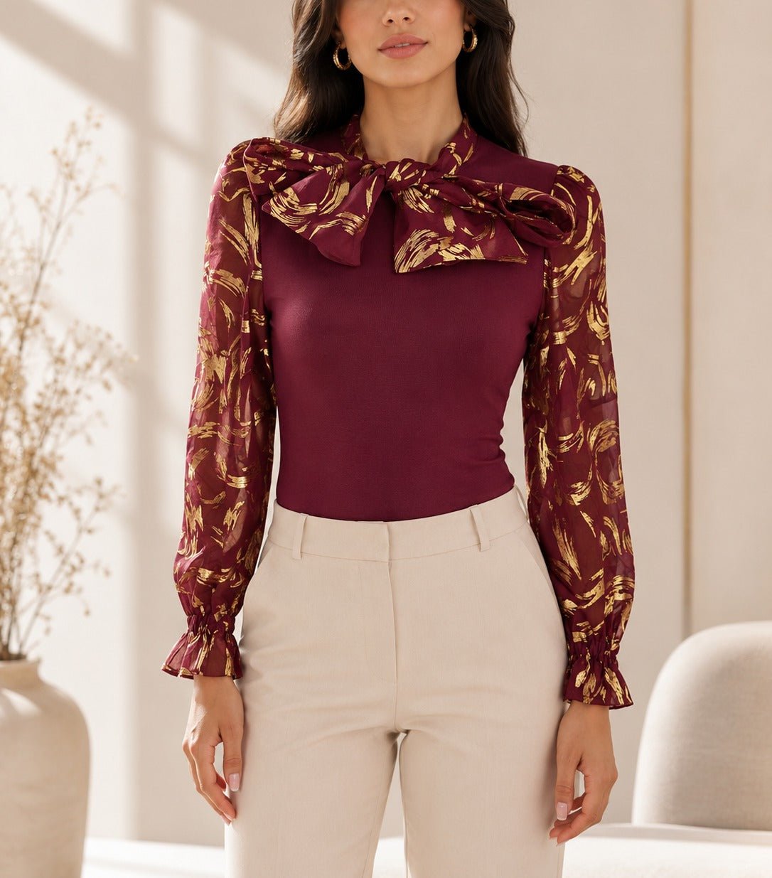 Ladies Burgundy Floral Bow Neck Long Sleeve Top - StylePhase SA