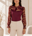 Ladies Burgundy Floral Bow Neck Long Sleeve Top - StylePhase SA