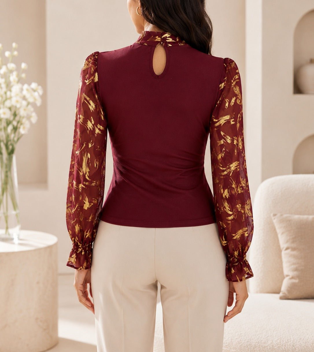Ladies Burgundy Floral Bow Neck Long Sleeve Top - StylePhase SA