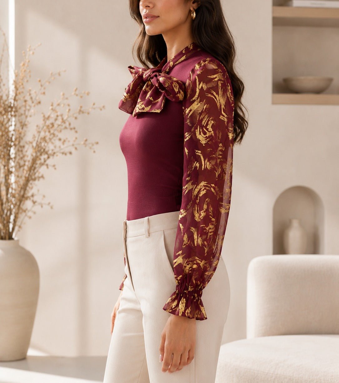 Ladies Burgundy Floral Bow Neck Long Sleeve Top - StylePhase SA