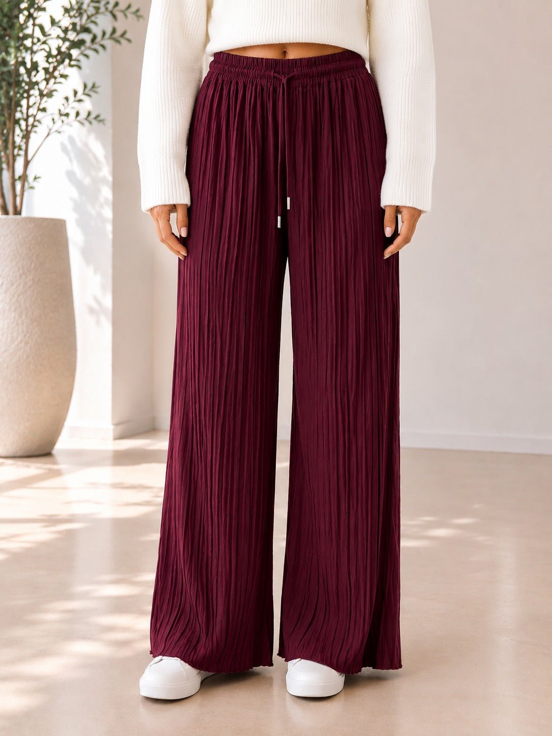 Ladies Burgundy Pleated Wide Leg Pants - StylePhase SA