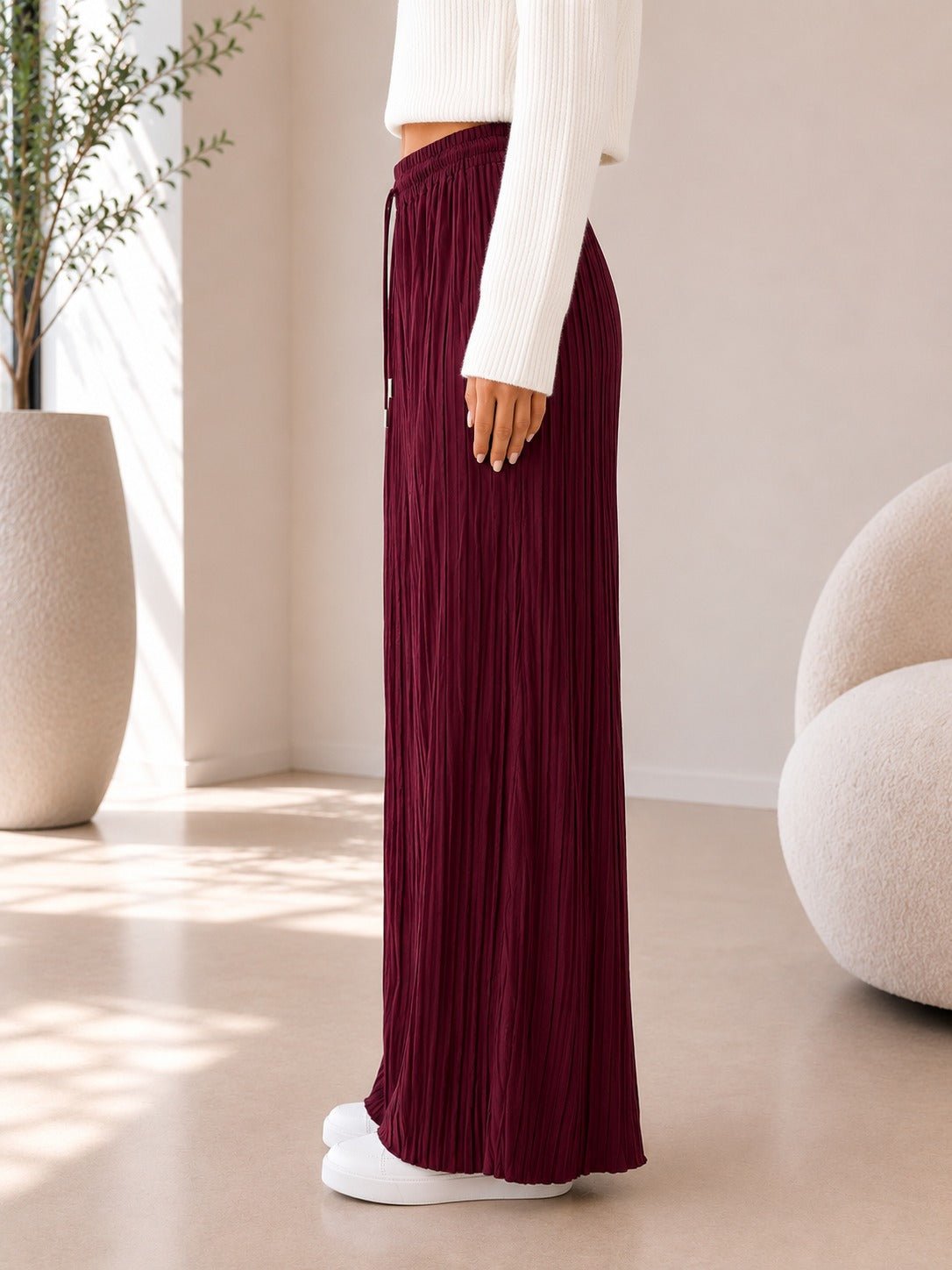 Ladies Burgundy Pleated Wide Leg Pants - StylePhase SA