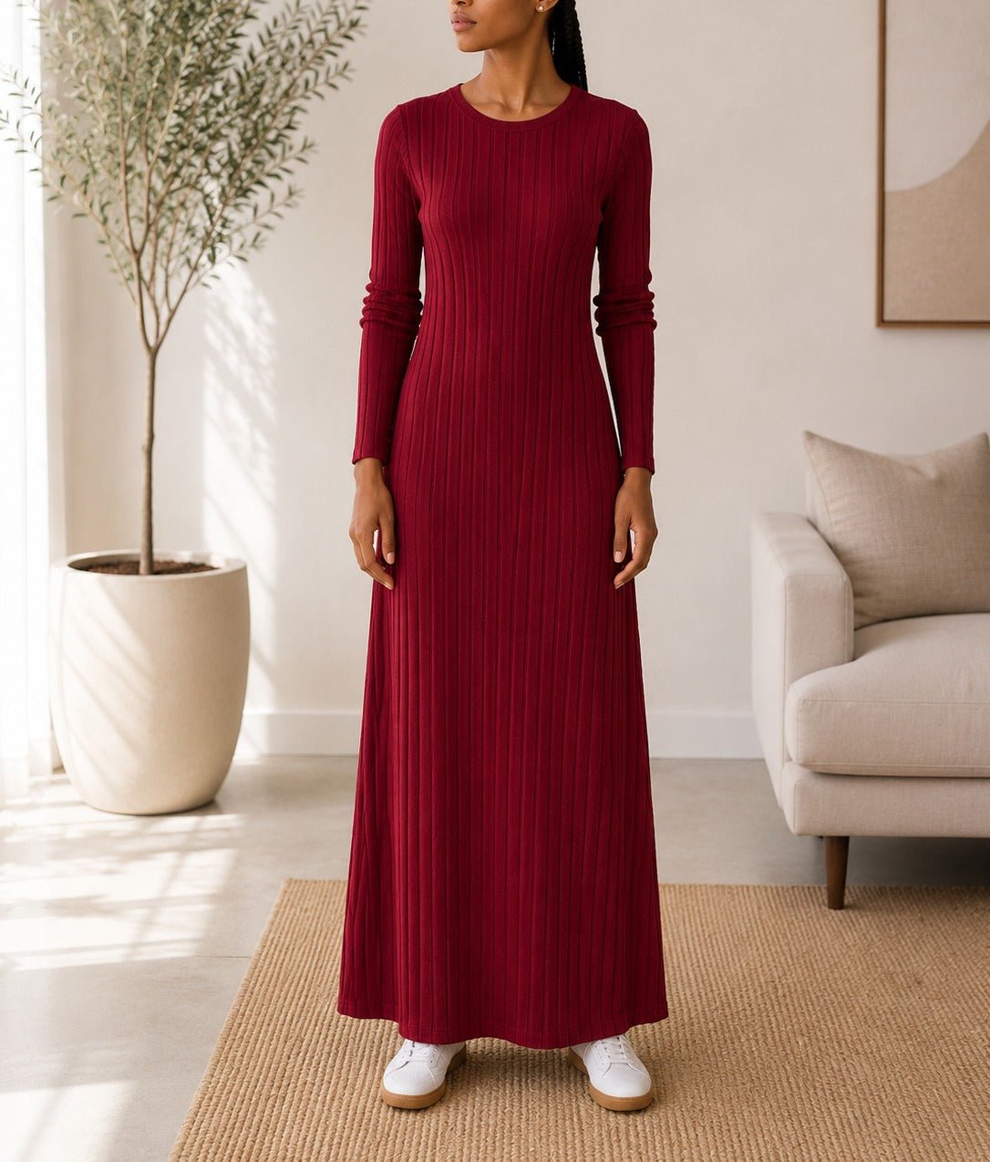 Ladies Burgundy Ribbed Knit Maxi Dress - StylePhase SA