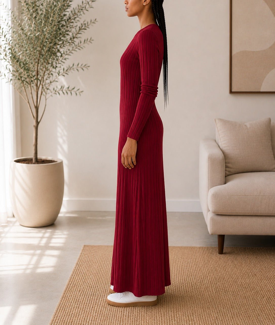 Ladies Burgundy Ribbed Knit Maxi Dress - StylePhase SA