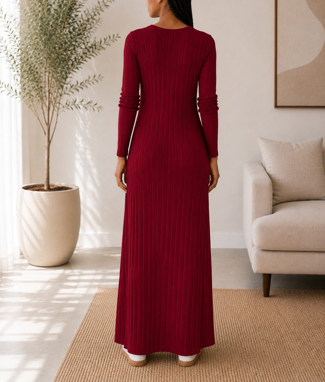 Ladies Burgundy Ribbed Knit Maxi Dress - StylePhase SA