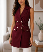 Ladies Burgundy Sleeveless Belted Longline Waistcoat - StylePhase SA