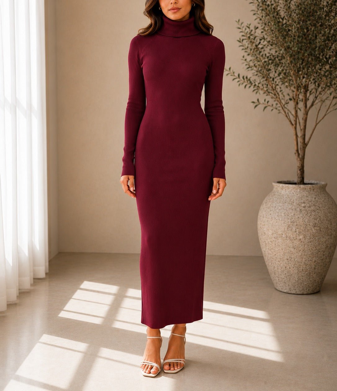 Ladies Burgundy Turtleneck Maxi Dress - StylePhase SA