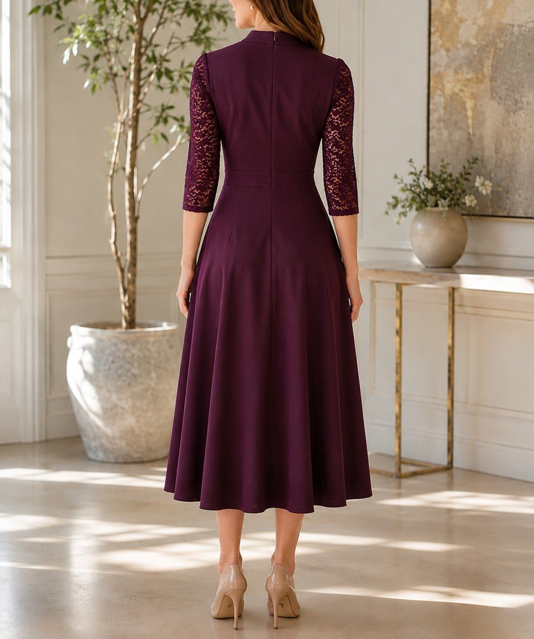 Ladies Burgundy V-Notch Collar Lace Sleeve Dress - StylePhase SA