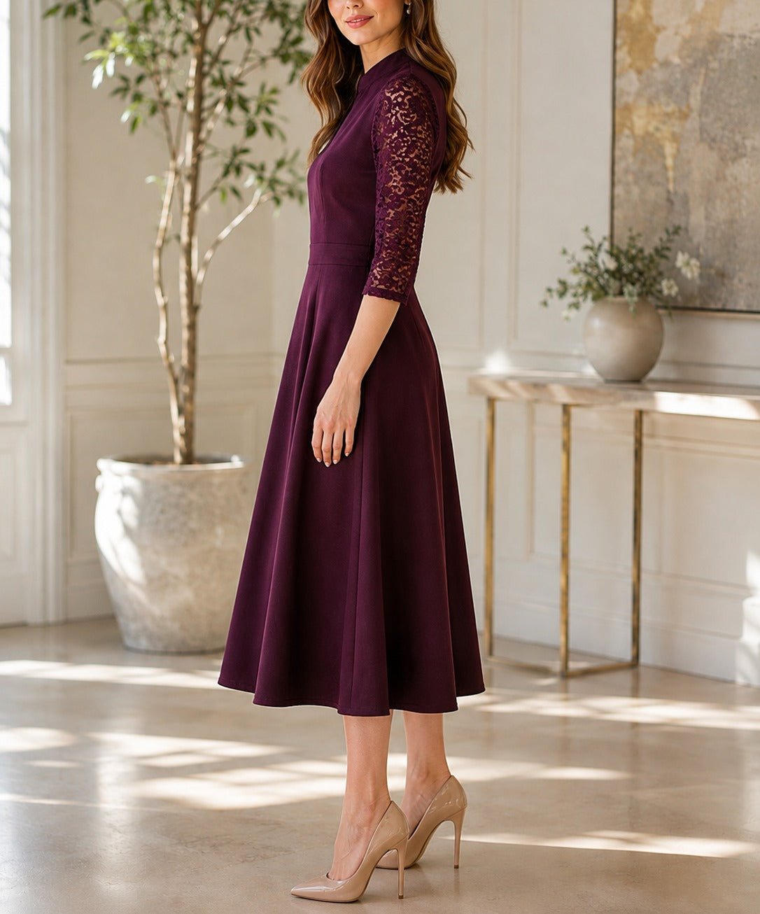 Ladies Burgundy V-Notch Collar Lace Sleeve Dress - StylePhase SA