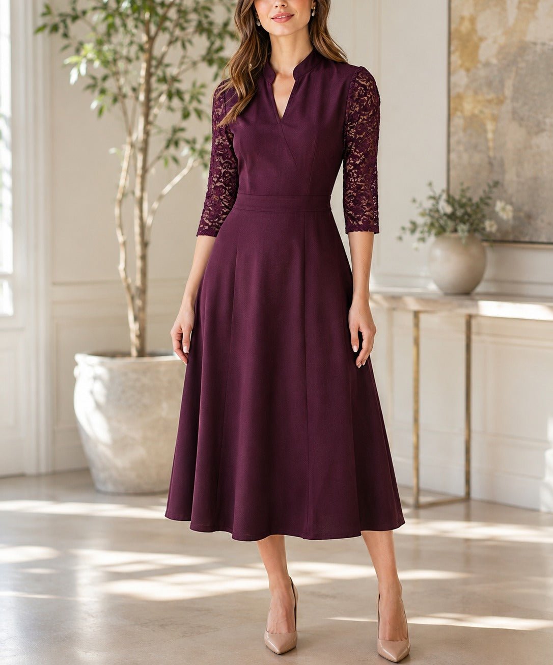 Ladies Burgundy V-Notch Collar Lace Sleeve Dress - StylePhase SA