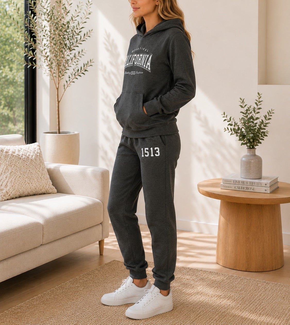 Ladies California Printed Fleece Tracksuit Set - Charcoal - StylePhase SA