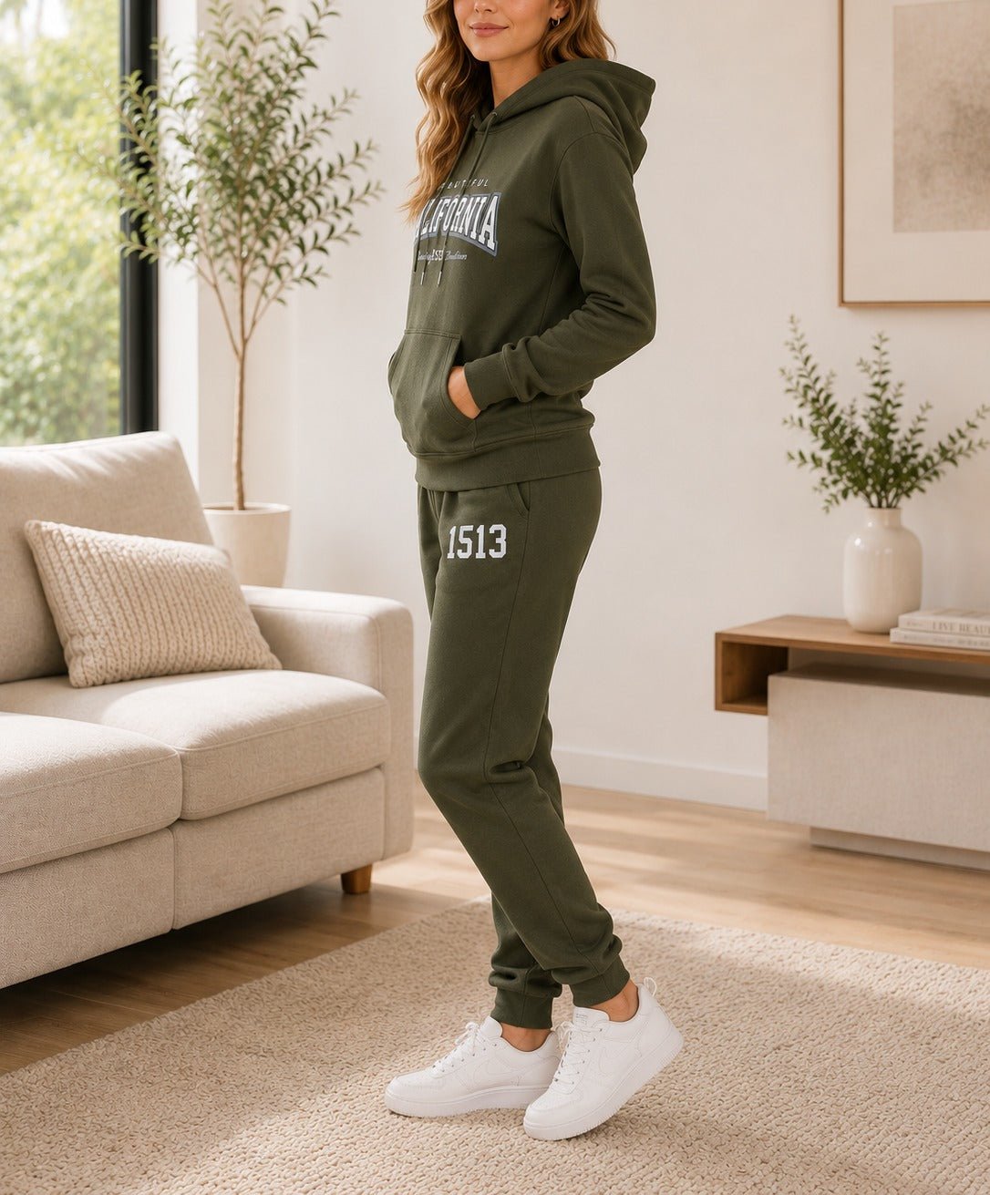 Ladies California Printed Fleece Tracksuit Set - Olive - StylePhase SA