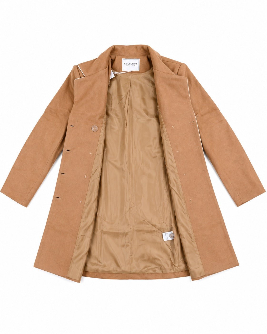 Ladies Camel Double-Breasted Tailored Longline Coat - StylePhase SA