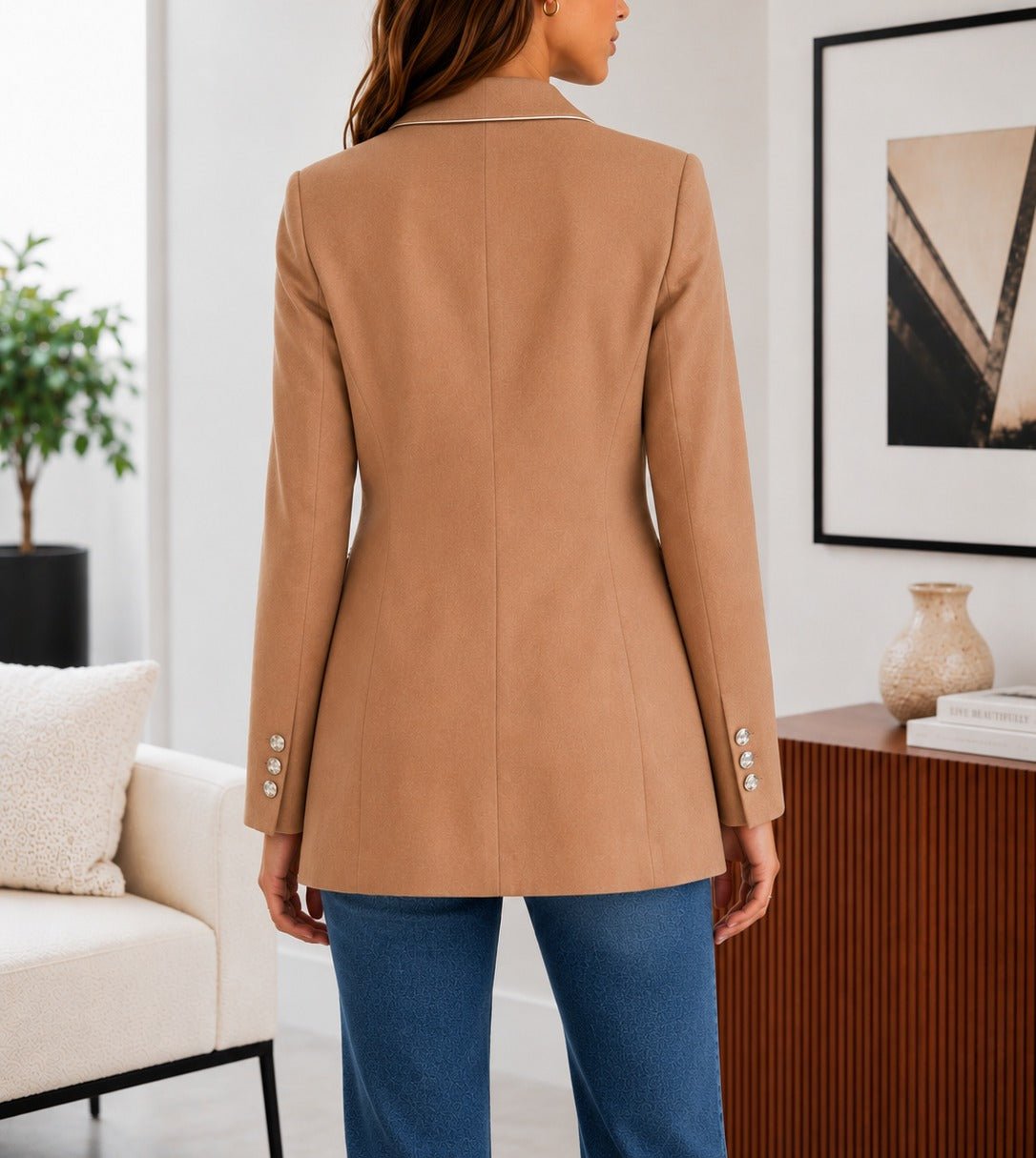 Ladies Camel Double-Breasted Tailored Longline Coat - StylePhase SA