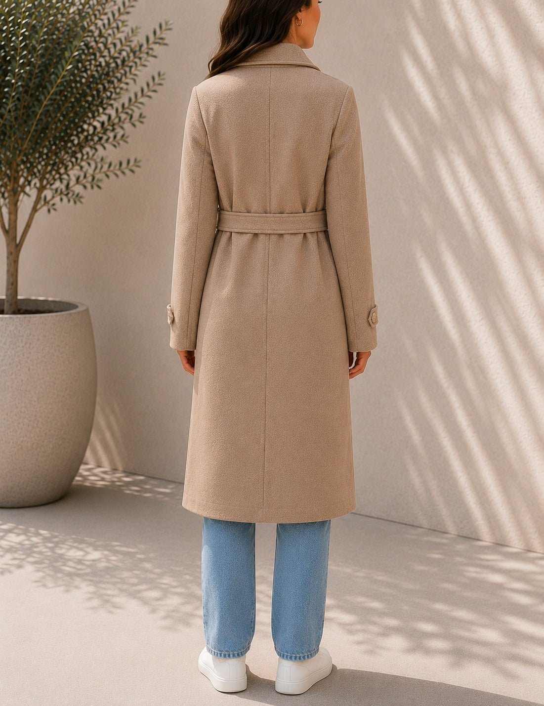 Ladies Camel Pleated Button Detail Melton Coat - StylePhase SA