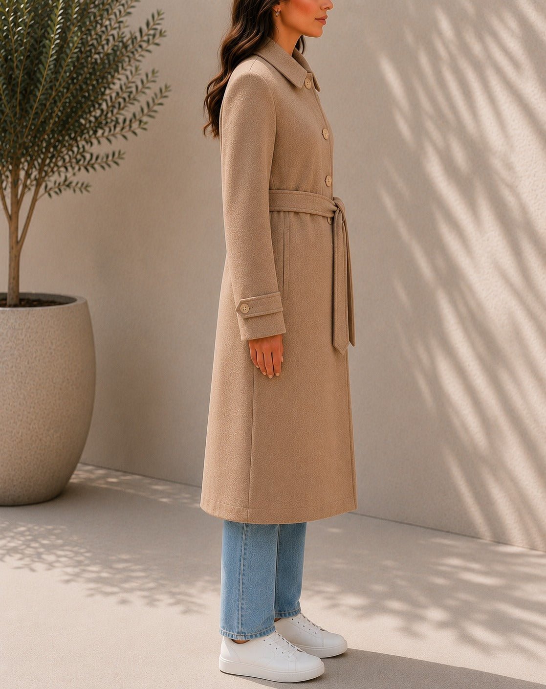 Ladies Camel Pleated Button Detail Melton Coat - StylePhase SA