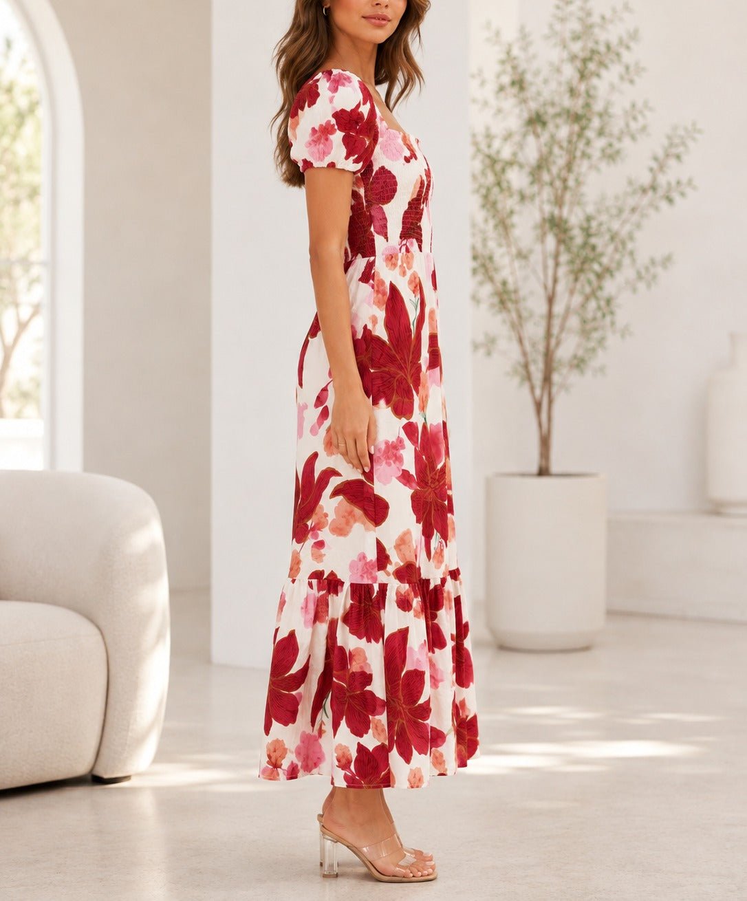 Ladies Cap Sleeve Red Floral Dress - StylePhase SA