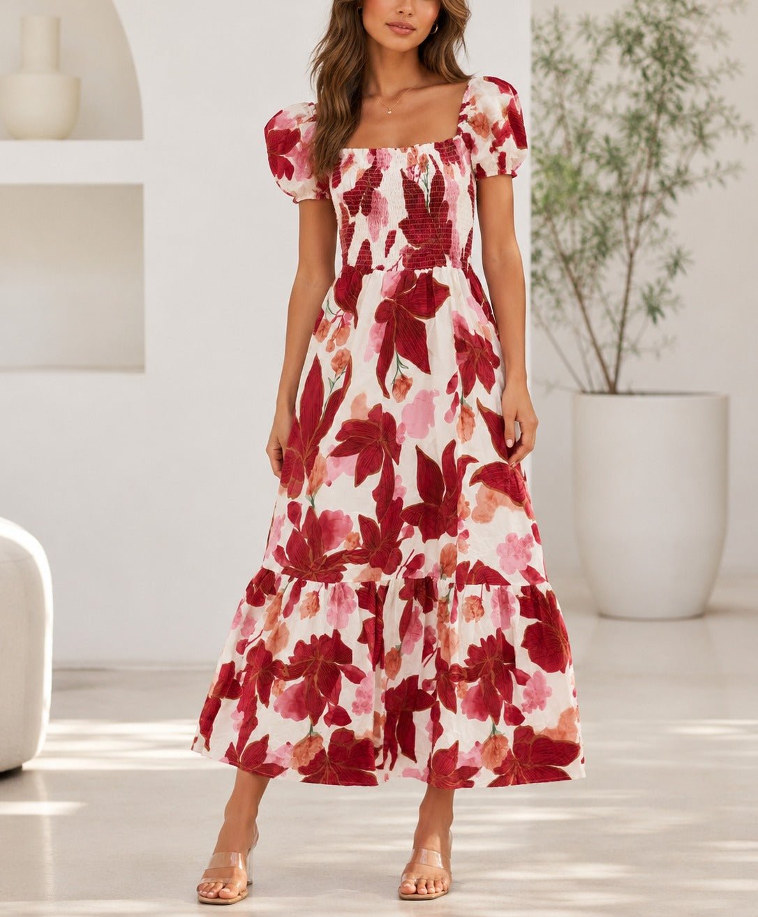 Ladies Cap Sleeve Red Floral Dress - StylePhase SA