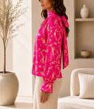 Ladies Cerise And Gold High Neck Printed Long Sleeve Blouse - StylePhase SA