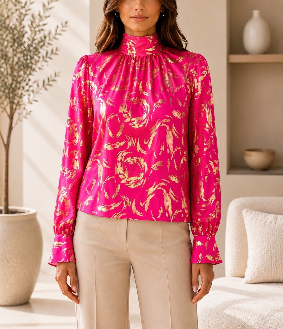 Ladies Cerise And Gold High Neck Printed Long Sleeve Blouse - StylePhase SA
