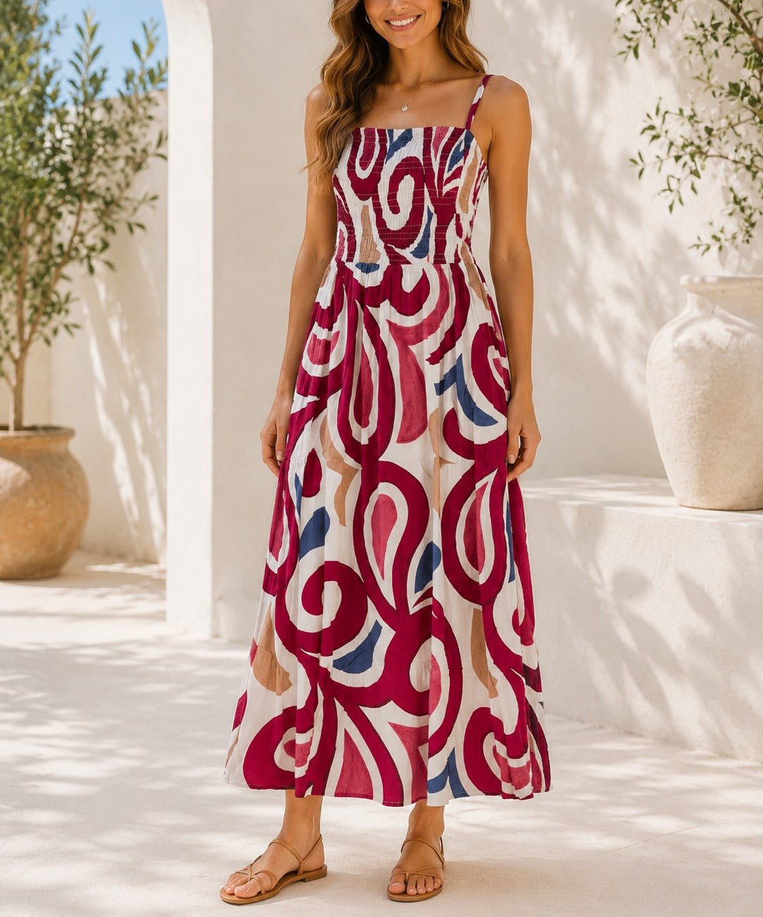 Ladies Cerise Cami Swirl Pattern Maxi Dress - StylePhase SA