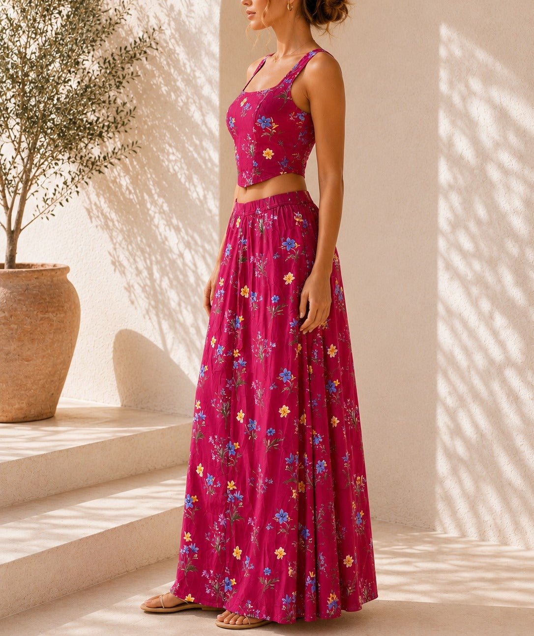 Ladies Cerise Crop Top Floral Two-Piece Set - StylePhase SA